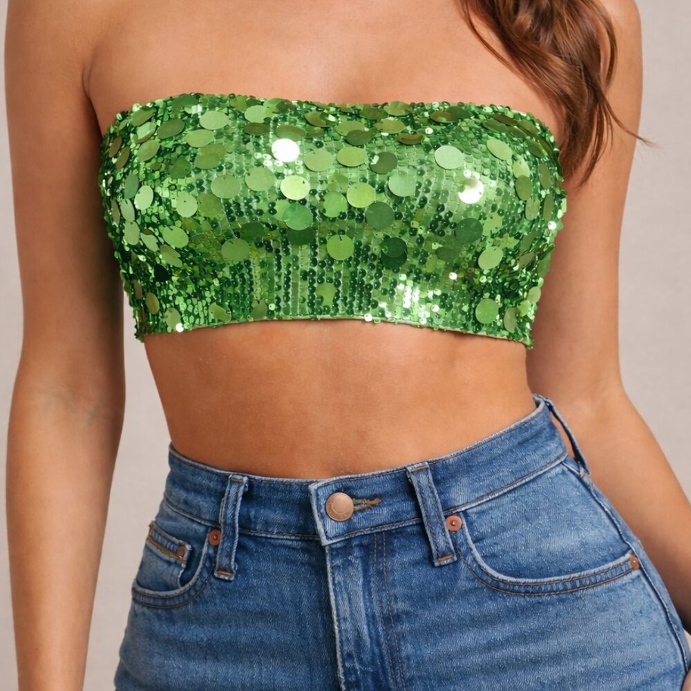 Green Sequin Bandeau Top Small Y2K Festival Rave Clubwear Tube Top